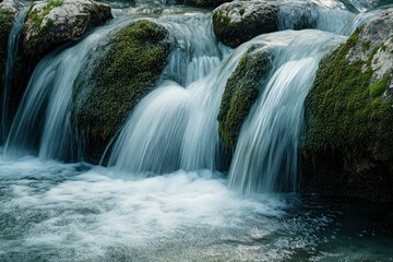 Fototapeta premium Cascading Waterfall Flows Over Mossy Rocks with Clear Water Beauty