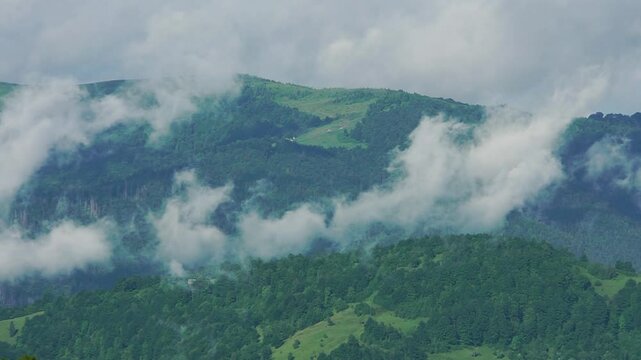 Green mountain slope landscape with clouds flying low