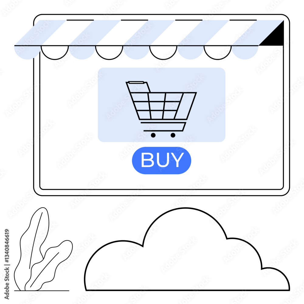 Poster shopping cart and buy button on storefront webpage beneath striped awning. minimal design. ideal for