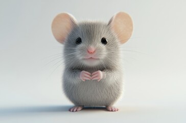 3D small mouse with pink nose, standing curiously,