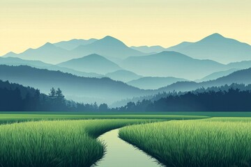 Obraz premium In the distance, there is an endless rice field with green paddy fields and mountains in the background, in digital art style