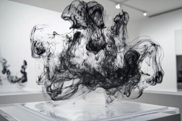 Elegant black smoke swirls create dynamic abstract patterns on a white background