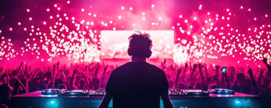 DJ performing live at a vibrant music festival with colorful lights and lively crowd.