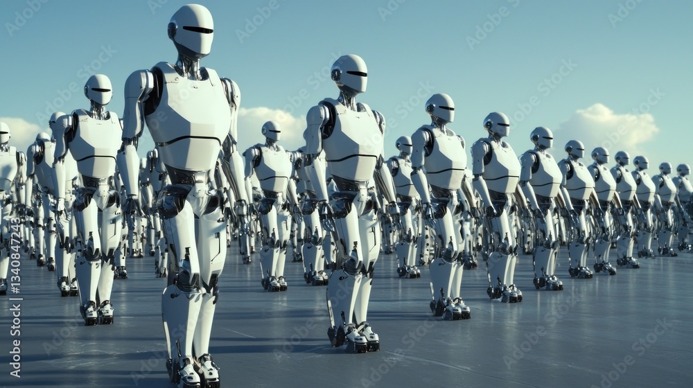 Poster army of robots: a futuristic vision of robotic soldiers standing in formation under a clear sky.