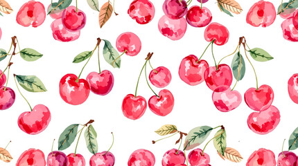 Watercolor red cherries on white background seamless vector pattern