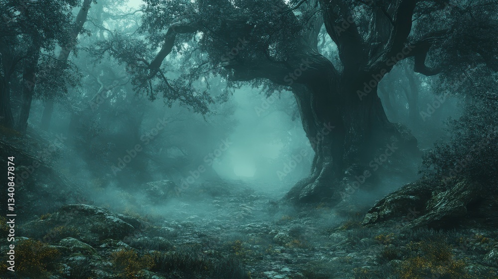 Poster A misty forest scene featuring large, gnarled trees, creating a mysterious and enchanting atmosphere.