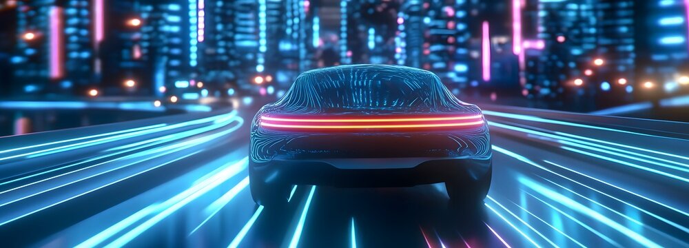 A futuristic hovercar chase through a dense neon-lit cityscape, trails of light left in their wake