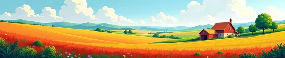 Fototapeta premium Abstract geometric interpretation of a farm with fields, trees, and sky, sky, interpretation, fields