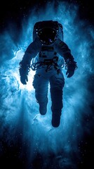 Fototapeta premium A shadowy figure of an astronaut floating in space, surrounded by stars and the distant glow of a nebula, symbolizing exploration and wonder. 