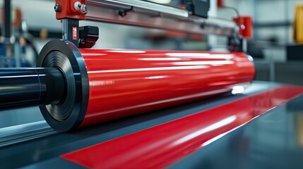 Close-up of industrial laminating machine with red roller processing sheet material, manufacturing technology background