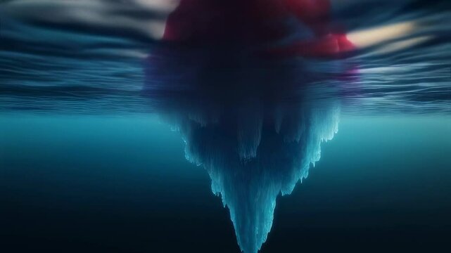 A surreal iceberg with a red cloud-like peak floats on calm ocean waters, with its massive underwater structure visible beneath the surface