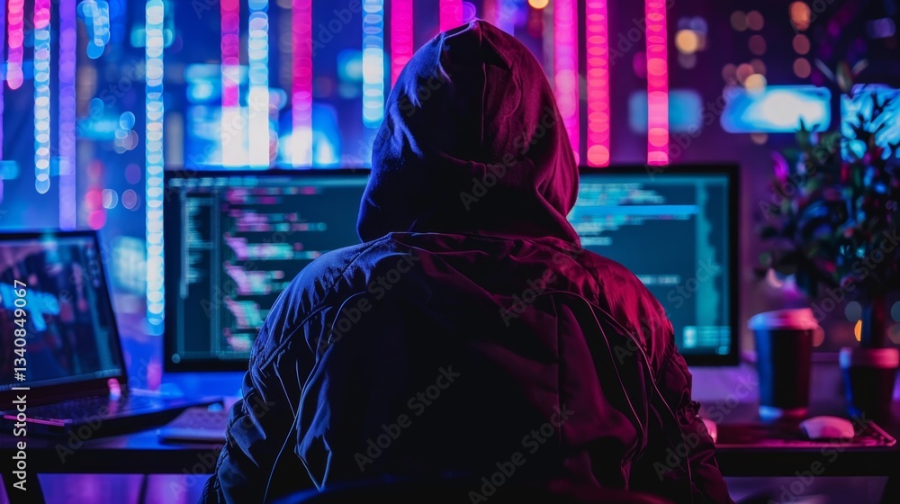 Poster cybersecurity threats from malware breaches and data protection measures in a high-tech environment