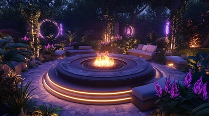 Cozy outdoor fire pit surrounded by lush plants and soft lighting.