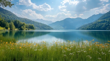 Naklejka premium Peaceful Lake and Mountain View