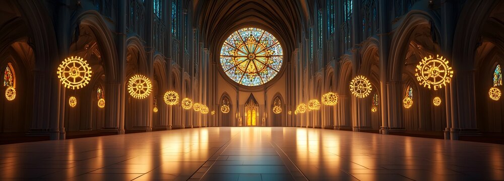An enormous clockwork cathedral, with floating gears and luminous stained-glass windows