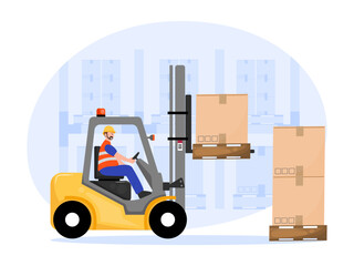 A vector illustration of a warehouse worker operating a forklift, lifting boxes in a storage facility.