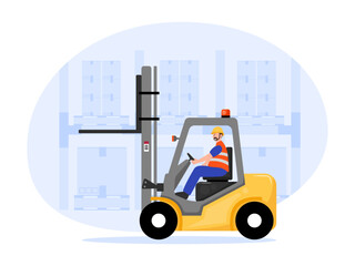 A vector illustration of a warehouse worker operating a forklift in a storage facility.