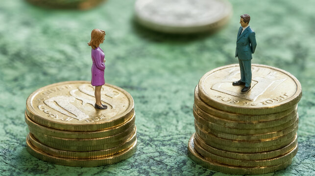 un homme et une femme en figurines, pos&eacute;s sur deux piles de pi&egrave;ces de hauteurs diff&eacute;rentes pour symboliser l'&eacute;cart des salaire entre les hommes et les femmes