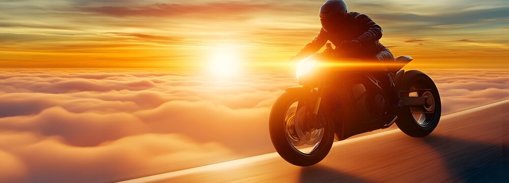 A sleek futuristic motorcycle racing across a bridge suspended high above the clouds