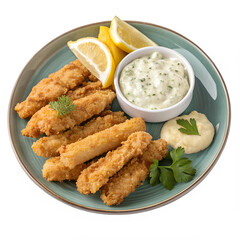 Fried Clam Strips A serving of crispy fried clam strips with tartar sauce, isolated on a transparent background