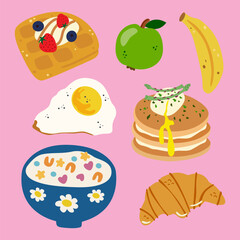 Cute cartoon breakfast food. Traditional morning dishes. Bakery pastry products. Breakfast menu illustration with fruits, cereal with milk, fried egg, pancakes, croissant