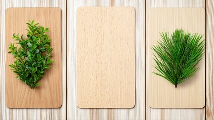 Three Wooden Boards Arranged Vertically with Boxwood and Pine Sprigs on a Light Wood Background for Rustic and Natural Aesthetic Design Elements