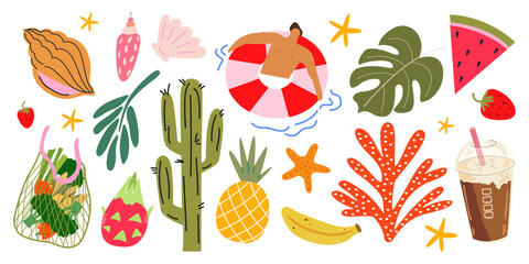 Summer beach tropical stickers. Cartoon vacation collection and beach elements. Summer trip, tropical fruits, sea corals, cold drink. Vector illustration © luamor