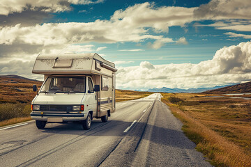 Fototapeta premium Holiday trip on large family motorhome for holiday in beautiful natural nature, abstract vivid composition consists of fictional unreal fantastic vision on background