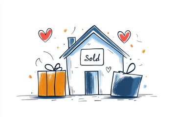 A minimalist illustration of a house with a "Sold" sign, drawn with clean lines and muted pastel tones, symbolizing success in real estate