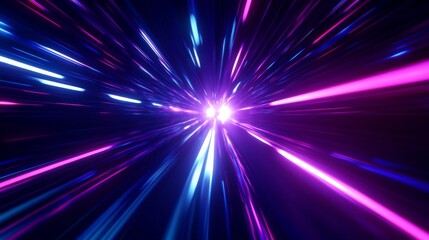 Fototapeta premium 3D render, abstract background with neon light rays and speed lines on a dark backdrop