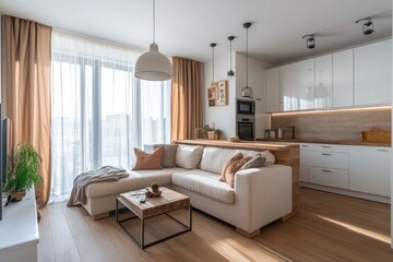 A modern apartment features an open living and kitchen area