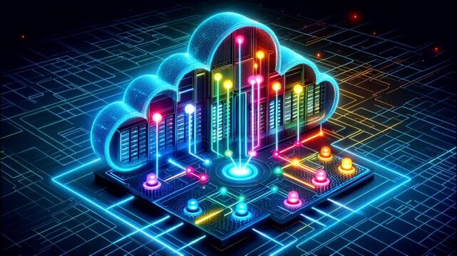 3D futuristic visualization of Load Balancing in cloud computing, highlighting data distribution and network efficiency.
