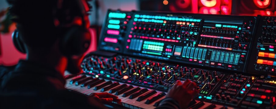 Person creating electronic music in a modern studio with colorful equipment.