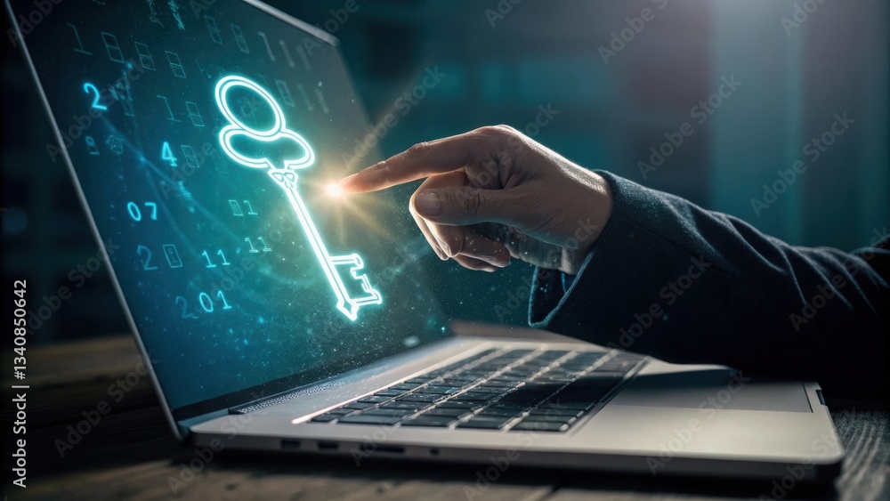 Aufkleber a hand hovers over a laptop, projecting a digital key against a backdrop of binary code, symbolizing