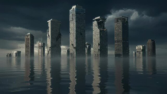 A flooded megacity with crumbling skyscrapers stands under a dark sky and thick fog, creating a post-apocalyptic future scene