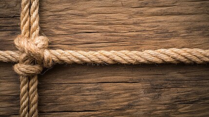 Obraz premium Thick tan rope tied in a knot at the center of a weathered brown wooden surface creating an artistic X shape for creative background designs.