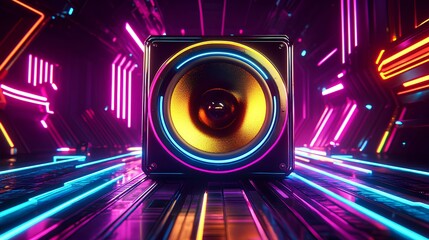 Obraz premium A futuristic, high-tech speaker viewed from the front, featuring a vibrant golden-yellow diaphragm with a glossy, metallic, and highly reflective surface 