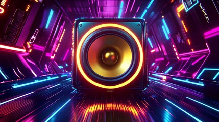 A futuristic, high-tech speaker viewed from the front, featuring a vibrant golden-yellow diaphragm with a glossy, metallic, and highly reflective surface 