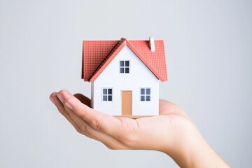 person holds small model house in their hand, symbolizing home ownership and real estate investment. This conveys sense of security and warmth associated with having home