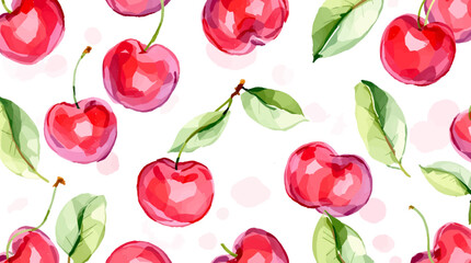 Watercolor red cherries on white background seamless vector pattern