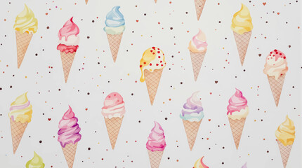Watercolor pattern ice cream white background
