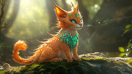 Fantasy dragon-cat hybrid, vibrant colors