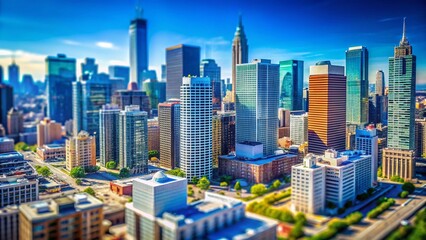 Fototapeta premium Tilt-Shift Modern Skyscrapers, Clear Blue Sky, Cityscape Panorama