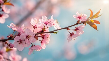 Fototapeta premium Blossoming Branch: Delicate cherry blossom branch, with soft pink petals and fresh green leaves, blooms against a blurred backdrop of a sunny day.