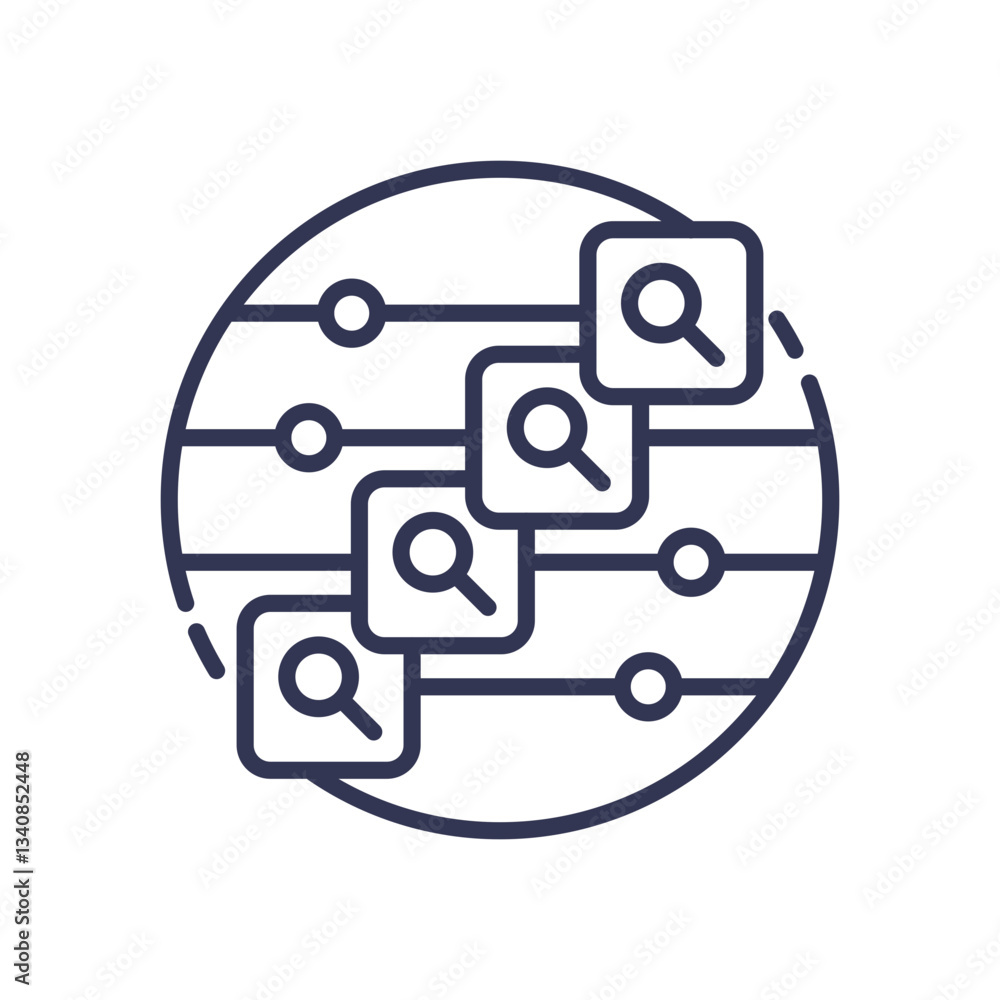 Poster line art of a globe with magnifying glasses, symbolizing global search and data organization.