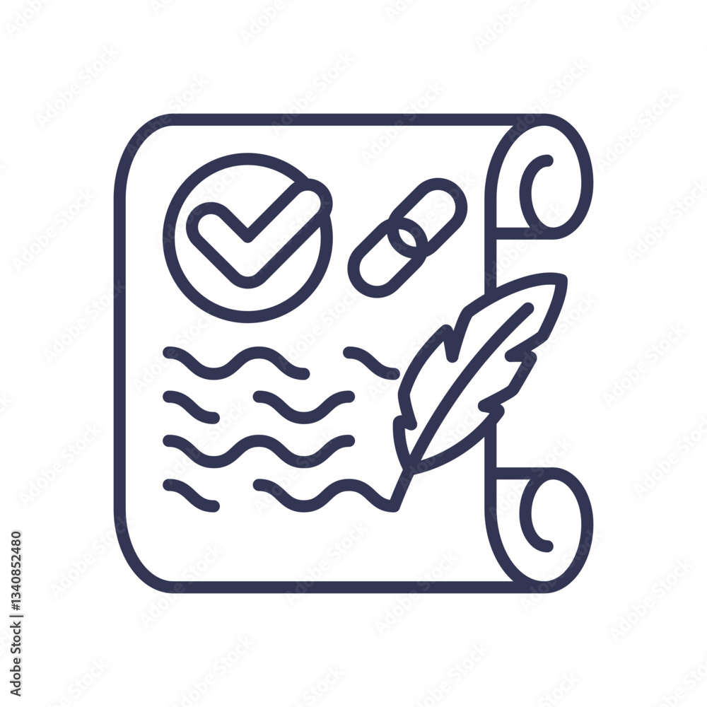 Poster a scroll with a checkmark, feather, and link symbolizes commitment and agreement.
