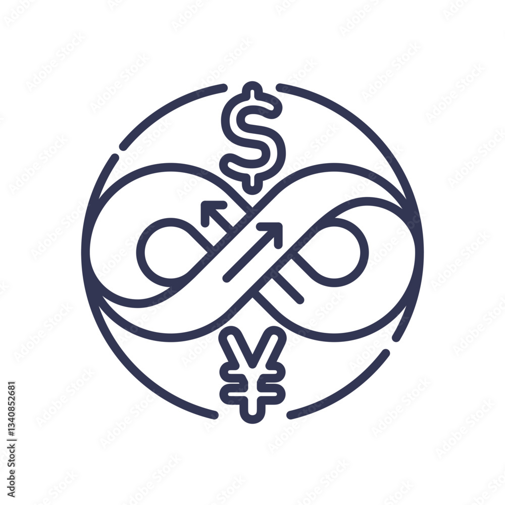 Poster infinity loop with dollar and yen symbols, symbolizing continuous financial flow.