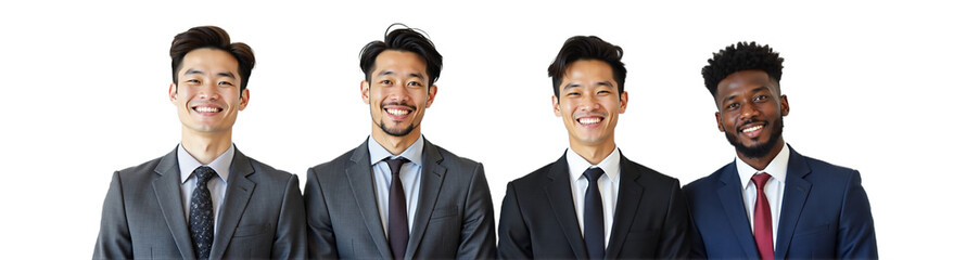 Smiling diverse businessmen portrait. Four professionals in suits, isolated on transparent background. Corporate team, leadership, teamwork, finance, success, global business.