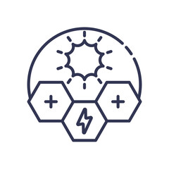 Sun and hexagons symbolize solar energy conversion and storage.