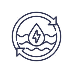 Water drop with energy symbol and arrows, symbolizing renewable water energy.